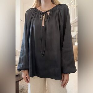 Black Deep V Tie Neck Blouse